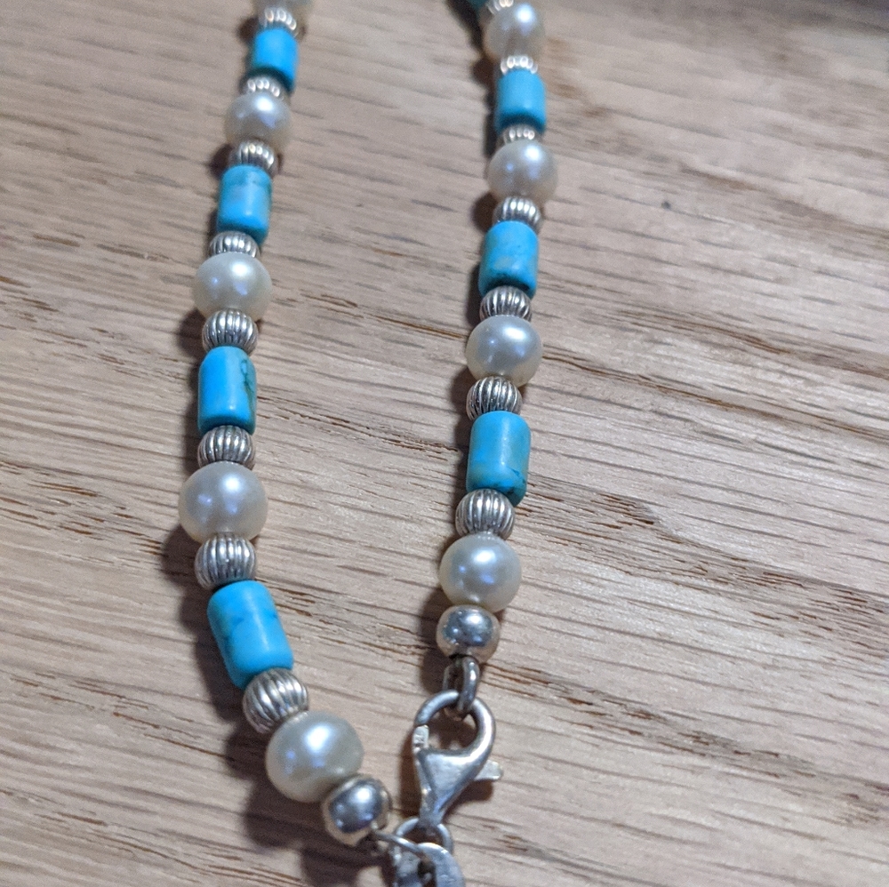 Turquoise pearl silver bracelet stamped aqua